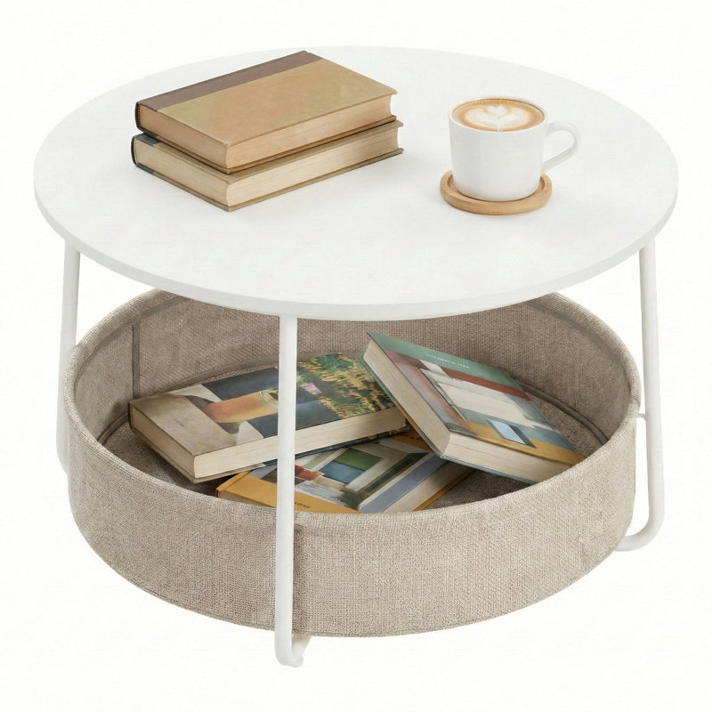 Round Center Table With Fabric Basket, White/Brown