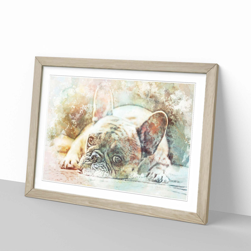 Fawn French Bulldog - Picture Frame Painting Print, 40cm H x 60cm W x 2cm D, Oak