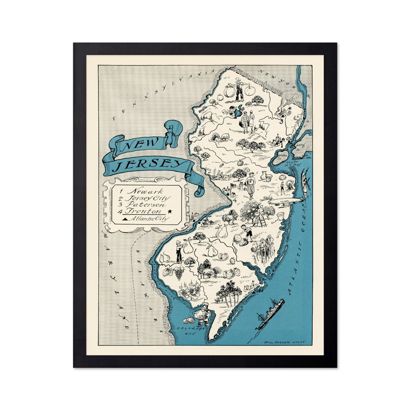 Carte illustrée du New Jersey, Cadre noir, Affiche, H 11 po x l 14 po