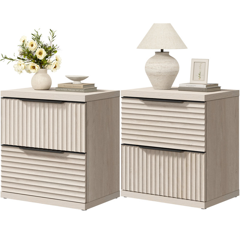 Modern Fluted 2-Drawer Nightstand, White Alder