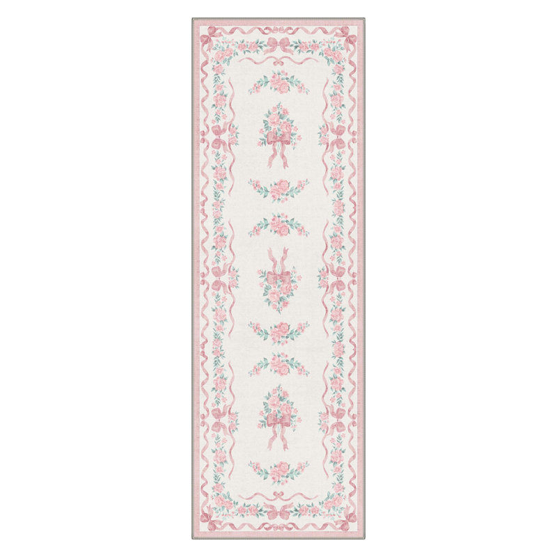 Atascadero Romantic Vintage Floral & Bow Border Area Rug, Machine Washable, Inspired Faux Wool - High-Rebound Foam & Non-Slip Backing