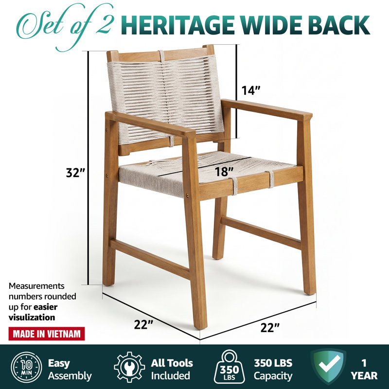  Heritage Solid Wood Patio Dining Chair with Woven Rope & Oversized Backrest (Set of 2)