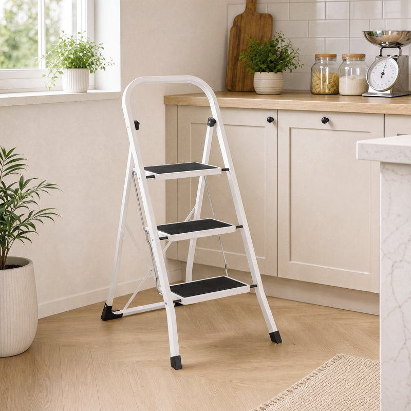 3 - Step Steel Folding Step Stool, White/Black