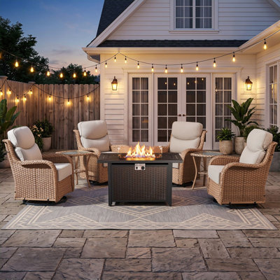 4 - Person Patio Furniture Chair Set With Fire Pit Table, 4 Swivel Glider Chairs With 6-Inch Cushions & Side Table
