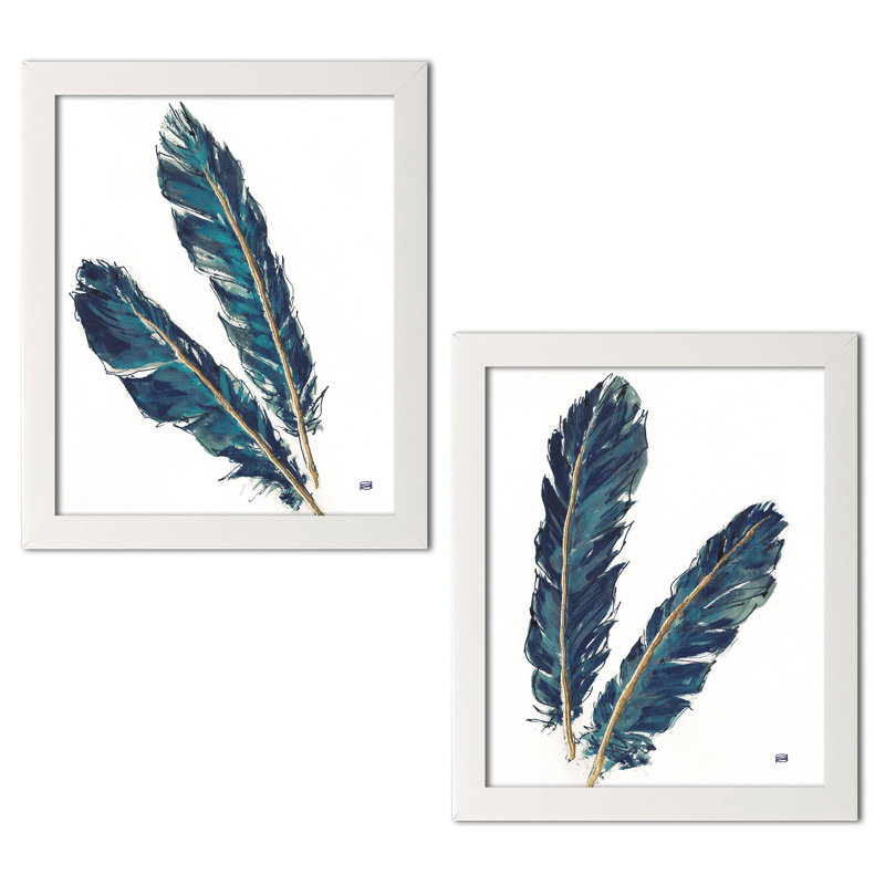 « gold plumes iii & iv indigo crop », ensemble de 2 reproductions de peintures à l’acrylique, Papier avec cadre blanc