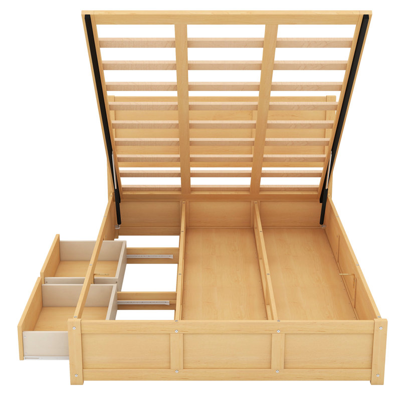 Lit plateforme en bois avec compartiments de tiroir et 2 tiroirs - Mobilier de chambre à coucher de couleur naturelle avec tiroirs de rangement
