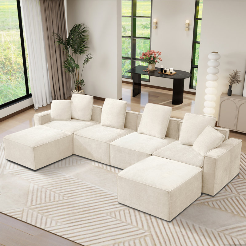 Canapé modulaire rembourré en U avec repose-pieds 6 pièces Boneless, Mélange de polyester beige