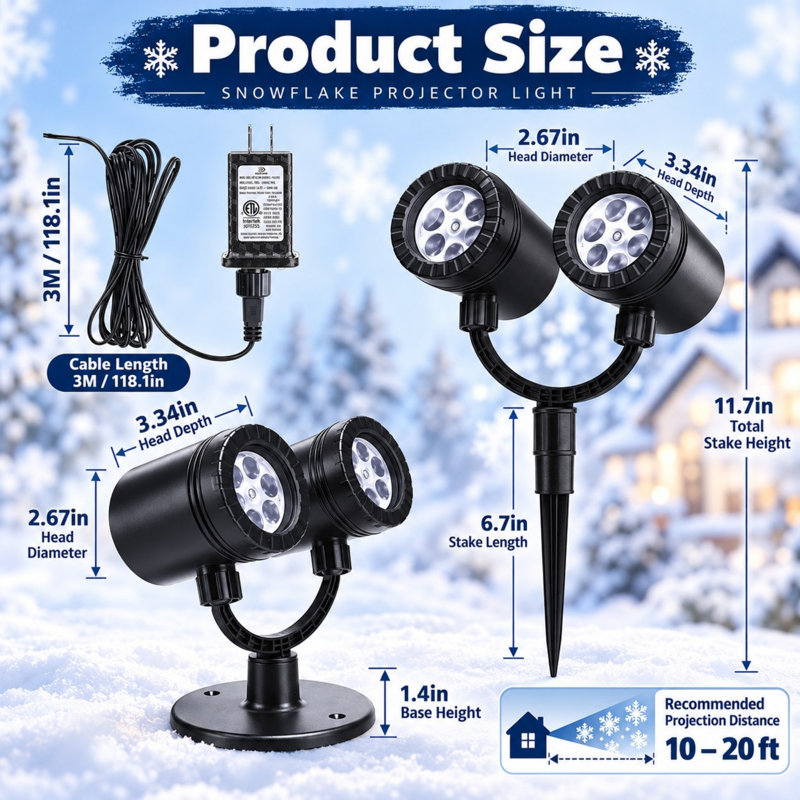 Projecteur extérieur de flocon de neige pour l'extérieur, projection dynamique à double tête avec minuterie