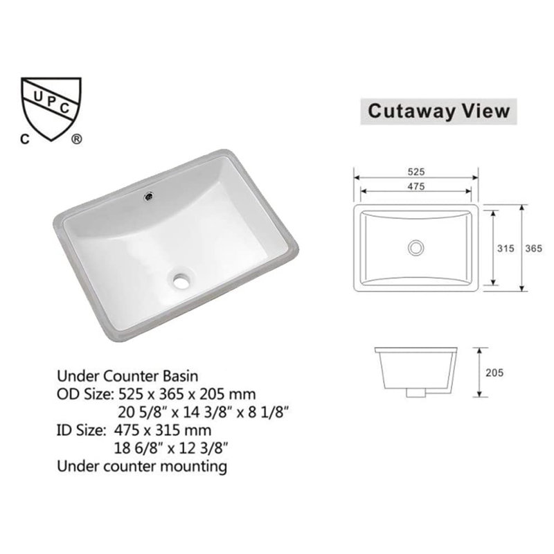 Lavabo de salle de bain rectangulaire encastré en céramique blanc avec trop-plein