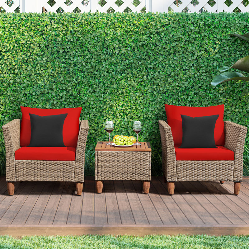 Mix Brown and Blue Rattan 3-Piece Outdoor Seating Set with Acacia Wood Table