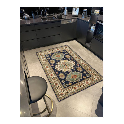 Navy Beige Themed Traditional Motif Floral Patterned Vintage Decorative Rug