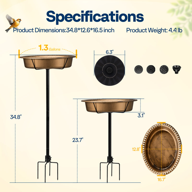Polyresin Oval Bird Bath Bowl with Solar Fountain, Copper