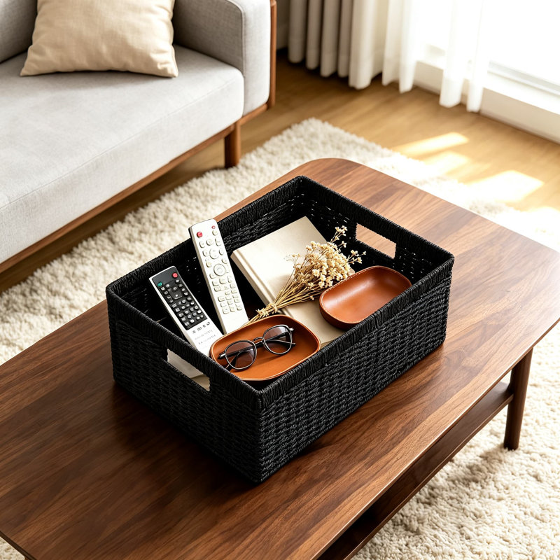 Ensemble de 4 paniers de rangement en corde de papier tissé avec poignées, paniers rectangulaires pliables pour tablettes, bacs de 13,4 po x H 8,3 po x l 7,1 po pour organiser le salon, le placard et la chambre de bébé