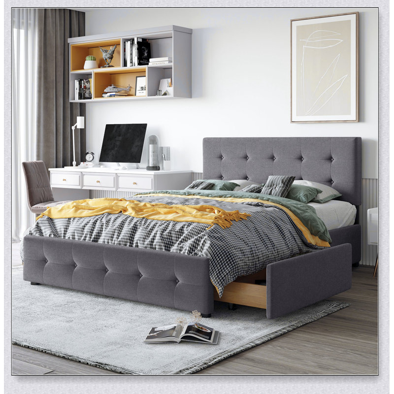Lit plateforme tapissier avec tête de lit classique et 4 tiroirs, aucun sommier nécessaire, tissu en lin