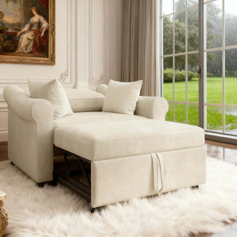 Chenille Convertible Sleeper Chair With Adjustable Backrest 3 IN 1 Design, Beige