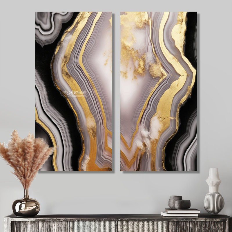 Opulent Glam Agate Black Gold - impression sur toile encadrée en marbre, art mural abstrait gris 2 panneaux, Toile tendue