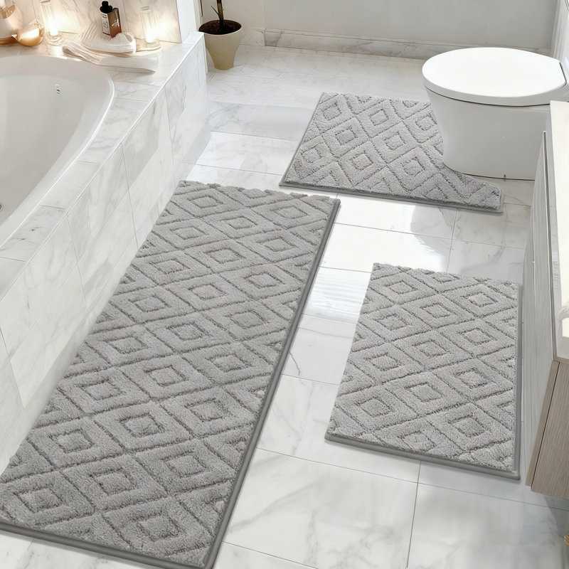 Checkered Absorbent Non-Slip Bathroom Rug (Set of 3), Gray