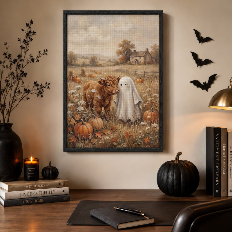 Toile d'Halloween Highland Cow and White Ghost in Pumpkin Patch, H 48 po x l 32 po