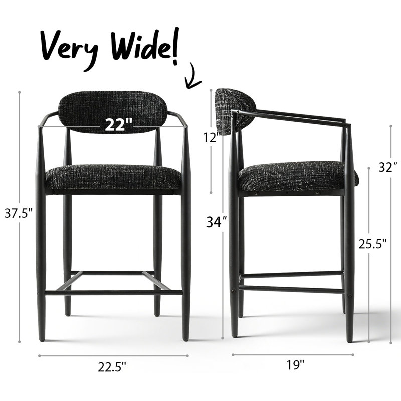 Upholstered Counter Height Bar Stools with Arms and Metal Frame, Black