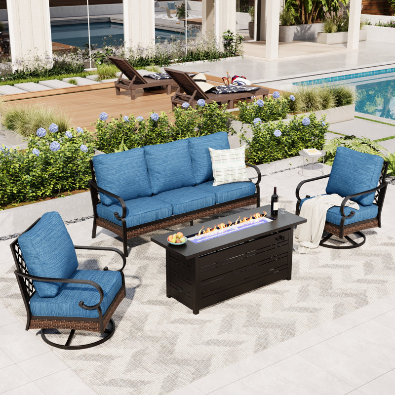 5 Person Outdoor Conversation Set With Swivel Lounge Chairs & Fire Pit Table, Black/Peacock Blue/Black