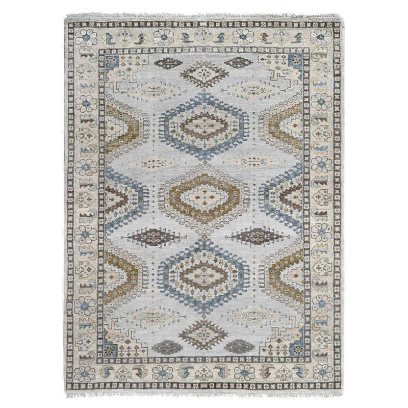 Tapis oriental 5 pi 1 po x 6 pi 10 po à motif géométrique d'inspiration village perse, laine pure, colorants naturels, tissage dense, noué à la main, tapis oriental