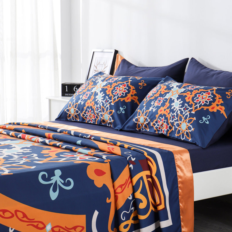 Ensemble de draps 6 pièces Polycotton, Courtepointe pour grand lit + 5 pièces supplémen, Orange / bleu