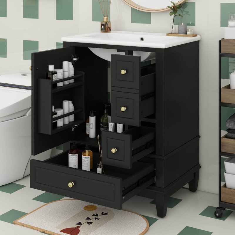 Ensemble de meuble-lavabo autoportant 24 po avec 3 tiroirs et une porte avec supports de rangement 24 po, Noir