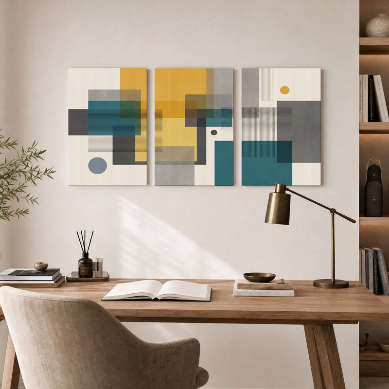 Ensemble de 3 toiles géométriques jaune moutarde et bleu sarcelle, 36"H x 24"W x 3pcs