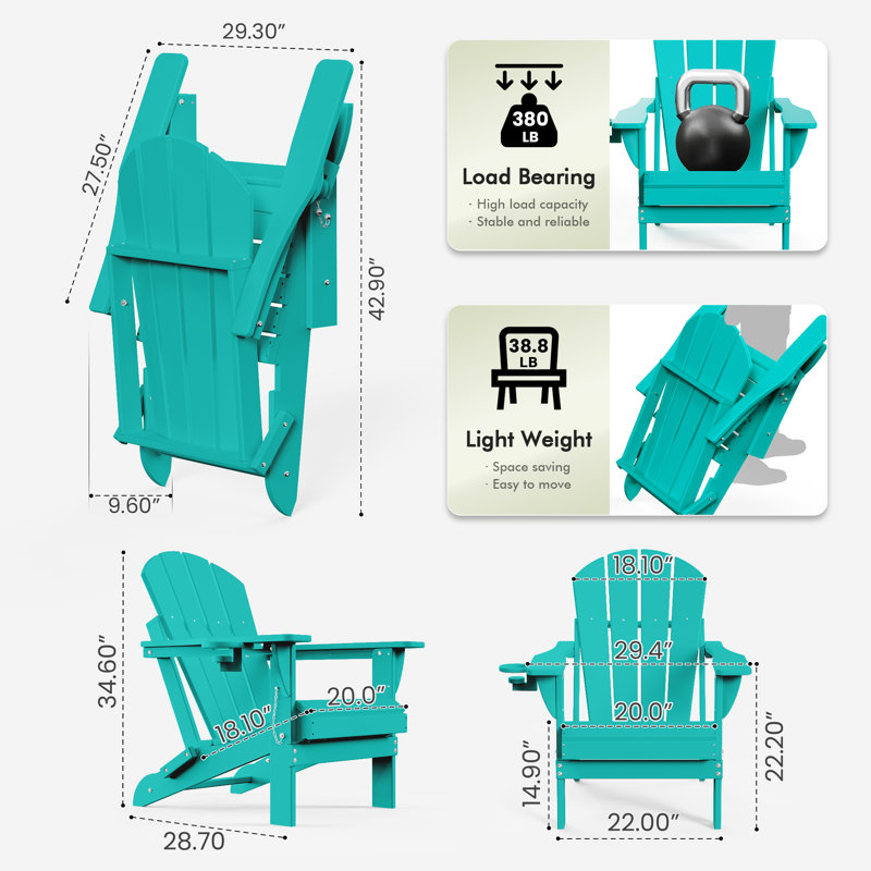 HDPE Outdoor Adirondack Foldable Chair Set Weather-Resistant  Fire Pit Chair With Cup Holder 4PCS, Lake Blue