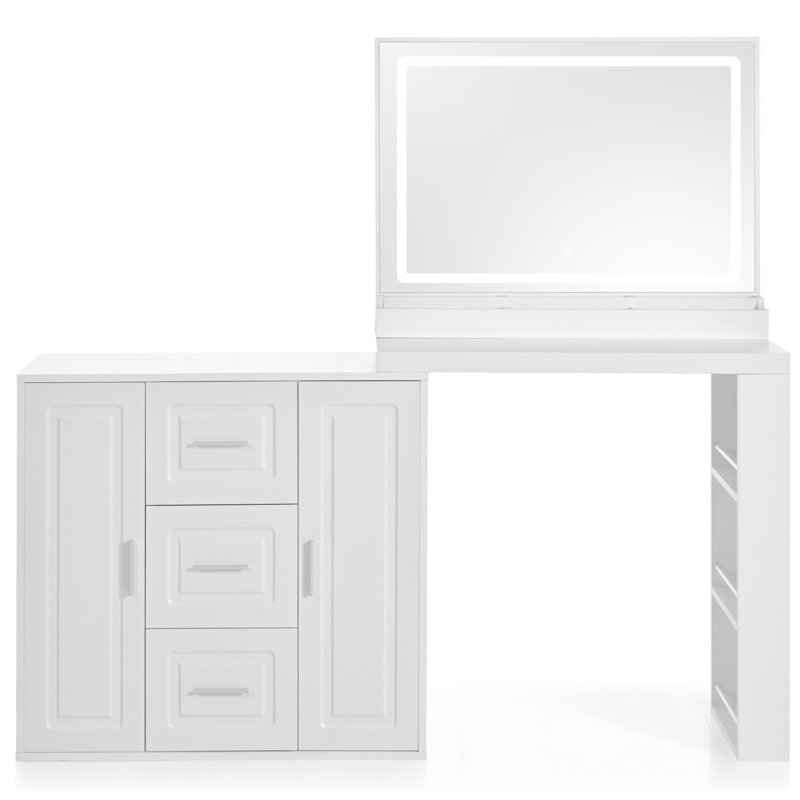 59" Makeup Vanity Desk with Mirror, Vanity Mirror with Lights, Dressing Table with 3 Drawers and 2 Cabinets, Vanity Table with Storage Shelves for Bedroom, White