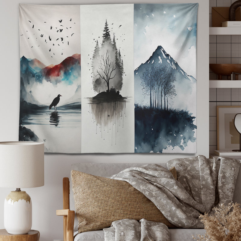 Triologie aquarelle dans les montagnes - Tapisserie murale paysage forêt, H 32 po x l 39 po