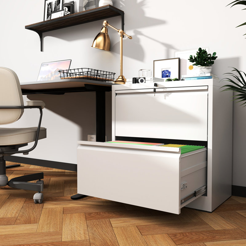 Classeur horizontal à 2 tiroirs en acier blanc, structure, barre de suspension réglable, armoire latérale en métal avec système de basculement pour le bureau, rouille, facile à assembler, rails de roulement