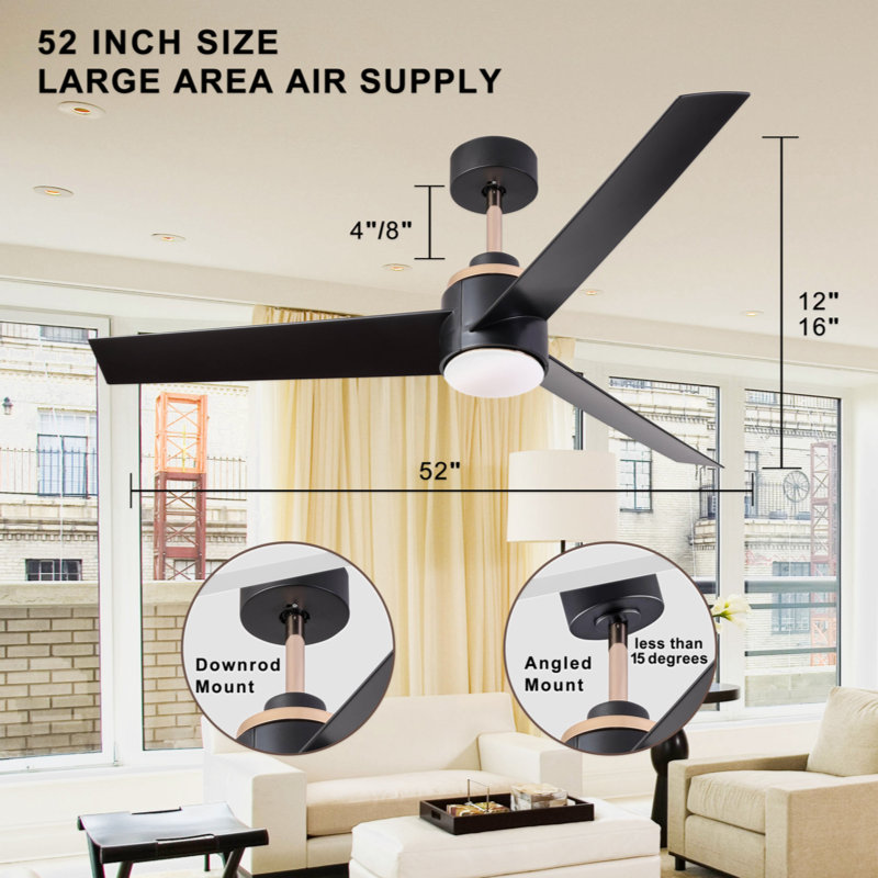 Ventilateur de plafond 52 pouces avec lumières encastré, ventilateur de plafond moderne avec lumière et télécommande - ventilateur de plafond intérieur à 3 pales à profil bas pour patio