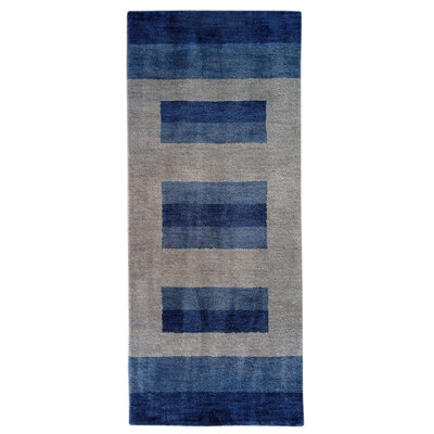 Tapis de couloir en laine nouée à la main Kenshawn - Tapis de couloir | Bleu bleu clair, design moderne contemporain, antidérapant fait main à poils longs