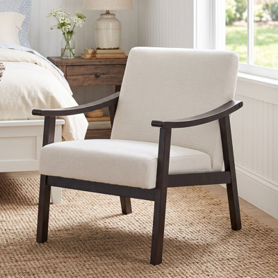 Fauteuil rembourré à dossier haut, 61,5 cm L x 71 cm l x 73,5 cm H, revêtement en polyester, pieds en bois massif, monobloc, fauteuil de lecture confortable, blanc antique, dossier profilé
