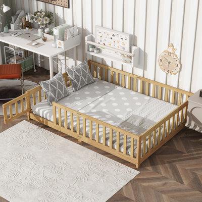 Full Size Montessori Floor Bed for Kids with Safety Guardrails, Fence & Door, Rubber Wood, Natural by August Grove