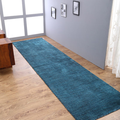 Hand Knotted Loom Wool Eco-Friendly Area Rugs - Runner | Blue Color | Solid Design | Area Rugs for Living room, Bedroom