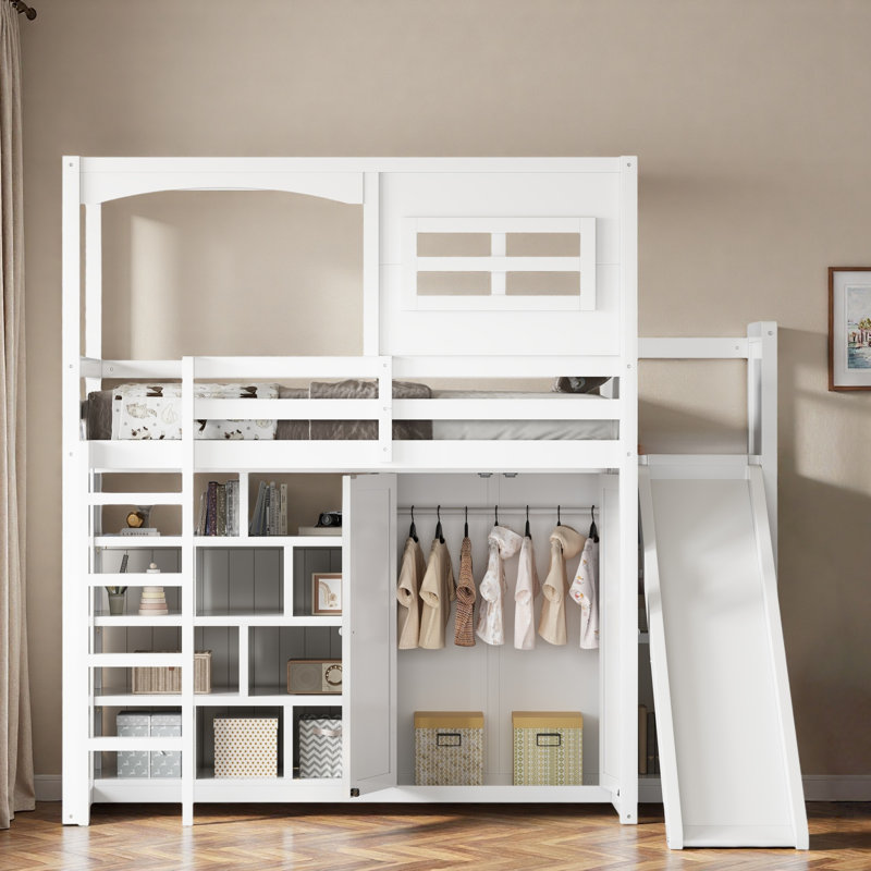 Wood Loft Bed With Wardrobe, Storage Shelves, Slide And Led Light
