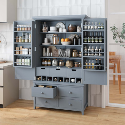 Grande armoire de rangement autoportante en bois avec 8 portes, 3 tablettes réglables, 7 tiroirs et 8 supports à vin