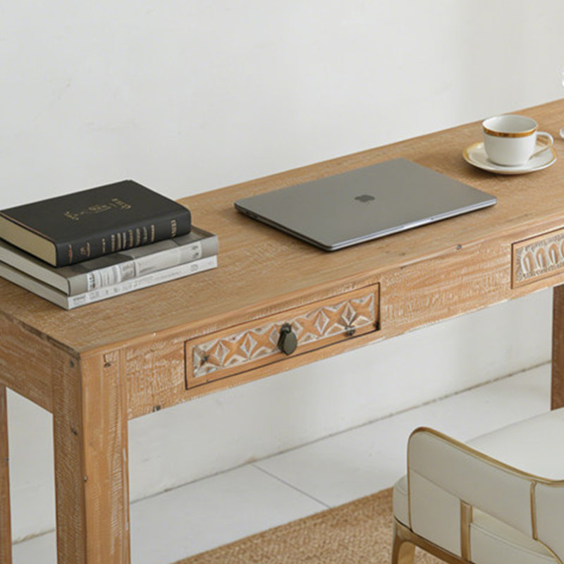 Bureau sculpté et vieilli en sapin massif, 30.7" H x 55.12" W x 15.75" D