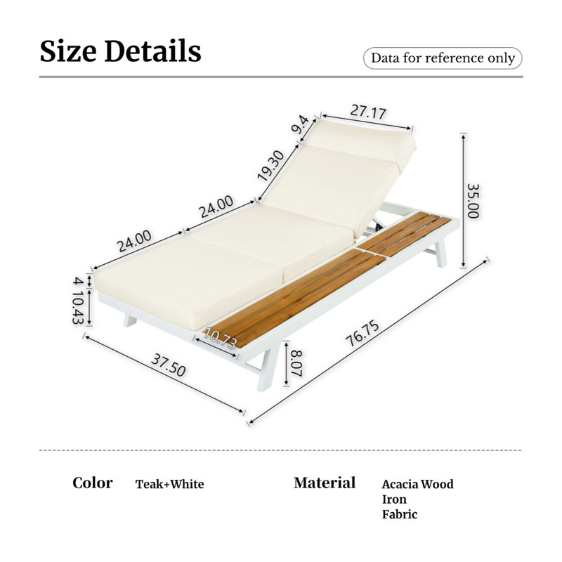 Chaise longue d'extérieur avec coussin beige, dossier inclinable réglable et plateau latéral en teck