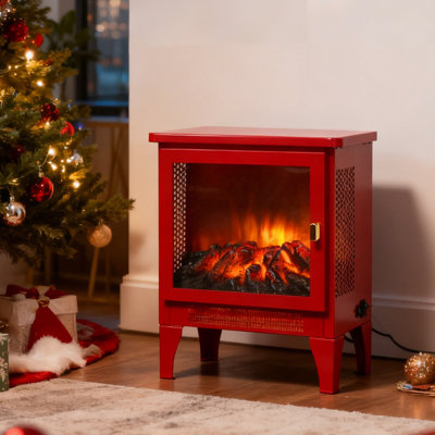 Poêle électrique autoportant de 18 pouces, couleur rouge, effet de flamme 3D, / double, chaleur 1400W / 700W, 5000 's, panoramique à trois côtés, pied amovible, poignée dorée avec protection visuelle,