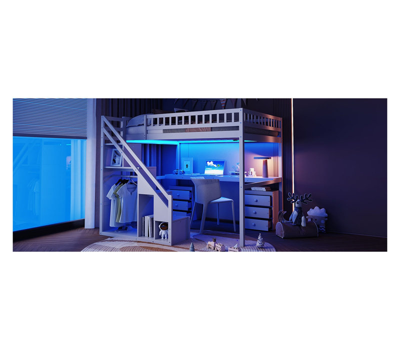 Lit mezzanine double avec bureau intégré, deux commodes et bande lumineuse à DEL - Lit superposé en bois massif blanc avec escalier latéral