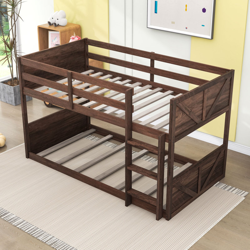 Lit superposé simple en bois rustique avec garde-corps et échelle, Chêne antique