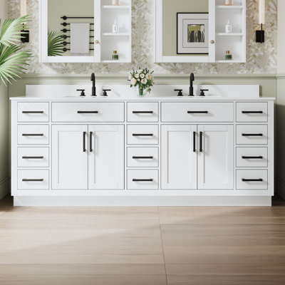 Meuble-lavabo autoportant en bois massif l 84 po x H 35 po avec comptoir en marbre de culture blanc et double lavabo en céramique, blanc