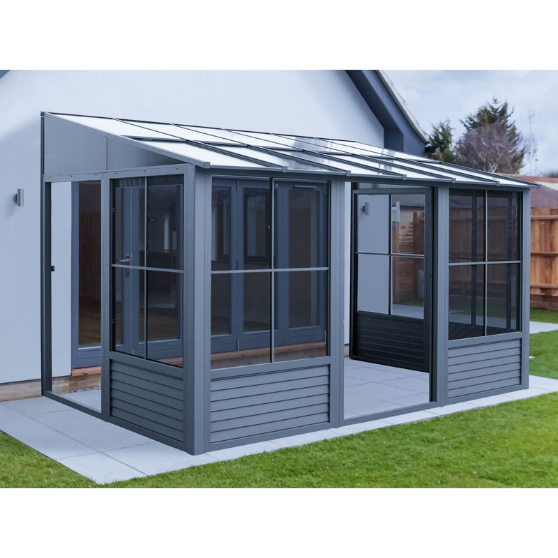 Gray Aluminum and Steel Outdoor Solarium with Sliding Doors
