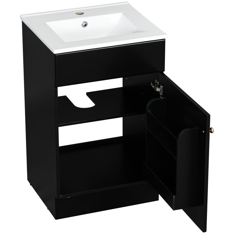 Meuble-lavabo de 50 cm avec lavabo en céramique noire. Meuble de rangement. Étagère de porte et tablette réglable. Revêtement imperméable pour la vasque. Meuble-lavabo noir. Vasque. Surface lisse et résistante aux taches. Silencieux