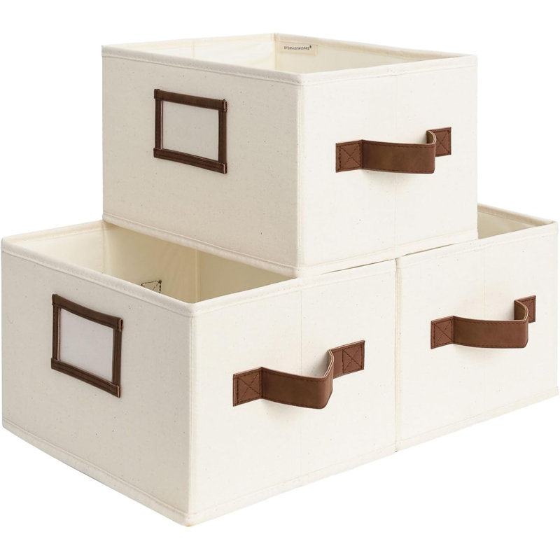 Bacs de rangement décoratifs pour tablettes, paniers de rangement avec poignées en polyuréthane, lavage à la main, toile, blanc ivoire, paquet de 3