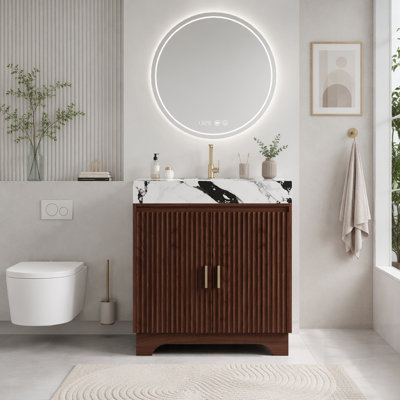 Meuble-lavabo autoportant en pierre frittée avec lavabo en céramique, durable et élégant pour les salles de bain modernes