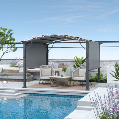 Pergola d'extérieur en aluminium 10 pi x 10 pi avec auvent légèrement arqué et abat-jour rétractable brun